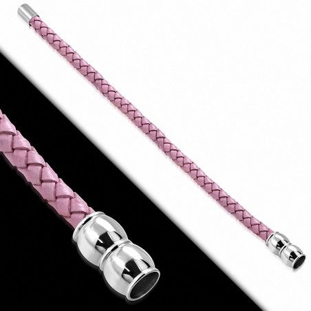 Bracelet en cuir tressé rose avec fermeture magnétique 22 cm
