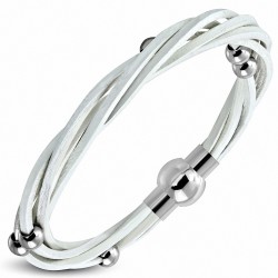 Bracelet en cuir blanc tressé avec billes en acier inoxydable