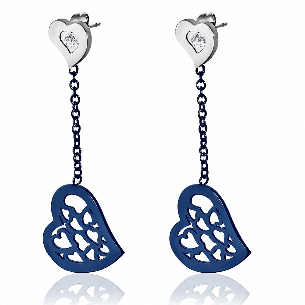 Paire de boucles d'oreille acier pendantes bleues