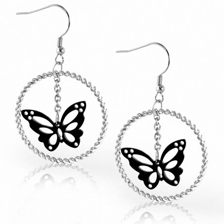 Paire de boucles d'oreille acier cercle papillon noir