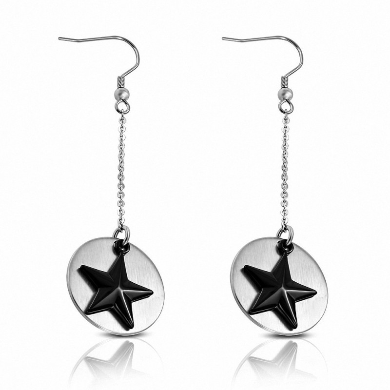 Paire de boucles d'oreille acier pendantes cercle étoiles noires