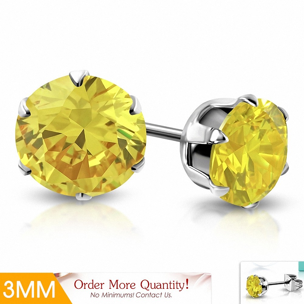 Paire de boucles d'oreille acier pierre zirconium jaune 3 mm