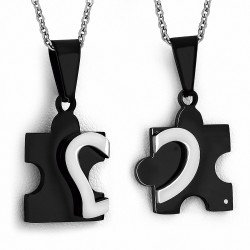 Pendentif couple 2 partie puzzle noir avec un cœur