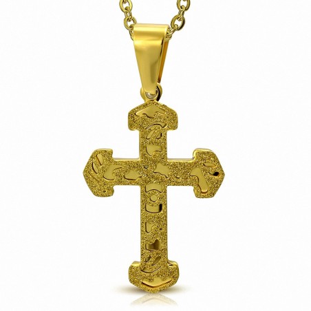 Pendentif croix en acier inoxydable doré finition sablée