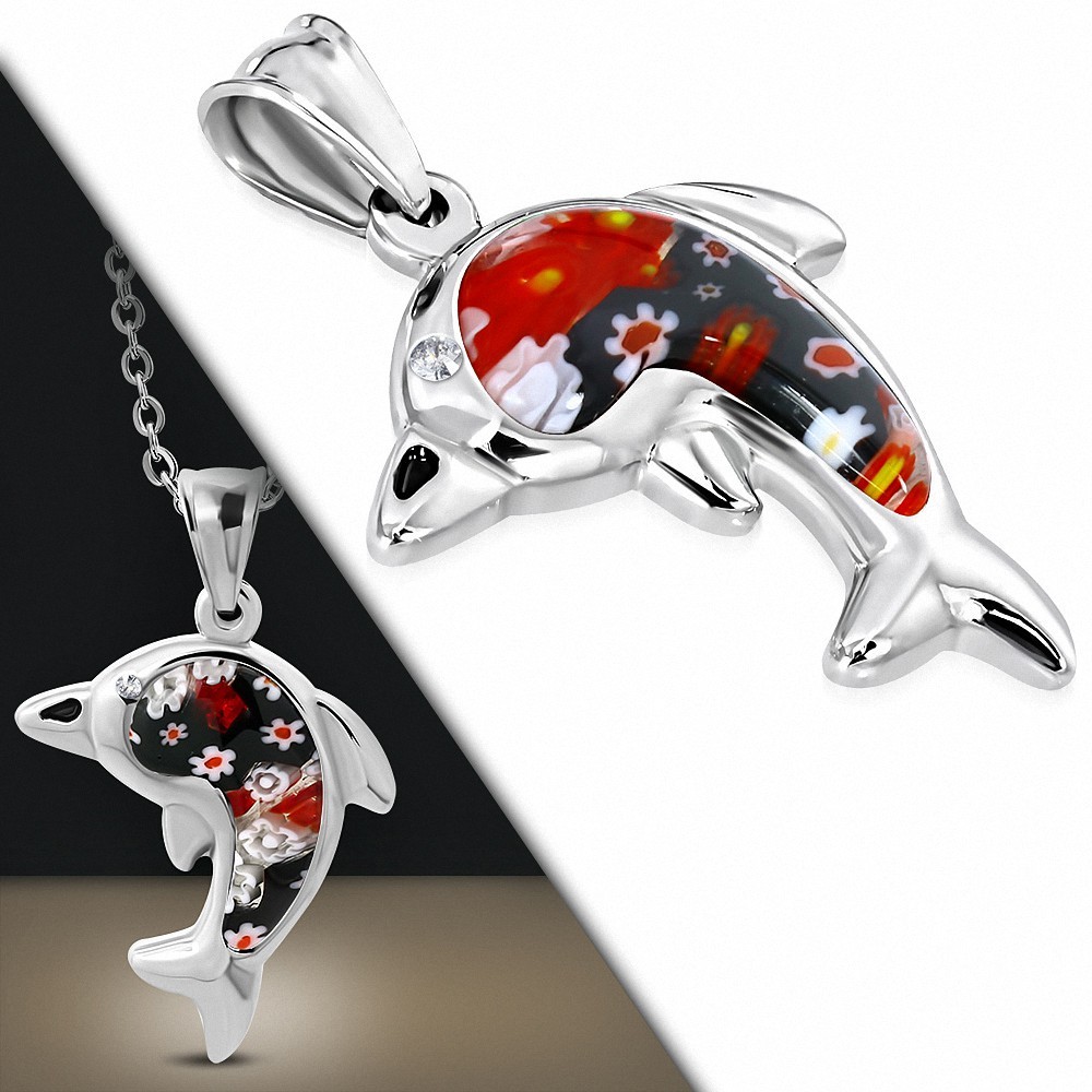 Pendentif en acier dauphin avec verre floral rouge