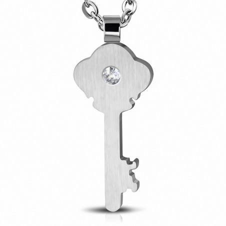 Pendentif en forme de clef en acier finition matte et strass