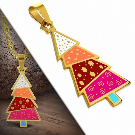 Pendentif sapin de Noël en acier doré avec émail couleur rose