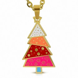 Pendentif sapin de Noël en acier doré avec émail couleur rose