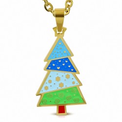Pendentif sapin de Noël en acier doré avec émail couleur bleue