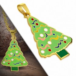 Pendentif sapin de Noël en acier doré avec émail couleur vert