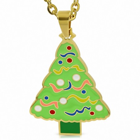 Pendentif sapin de Noël en acier doré avec émail couleur vert