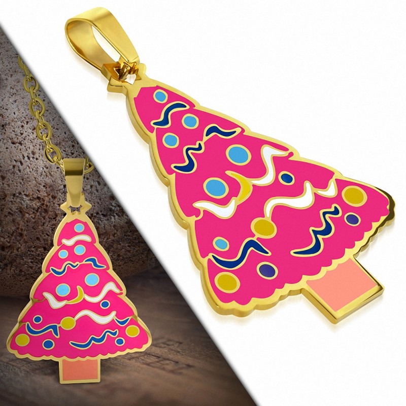 Pendentif sapin de Noël en acier doré avec émail couleur fuchsia