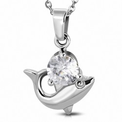 Pendentif dauphin en acier inoxydable et pierre en zirconium