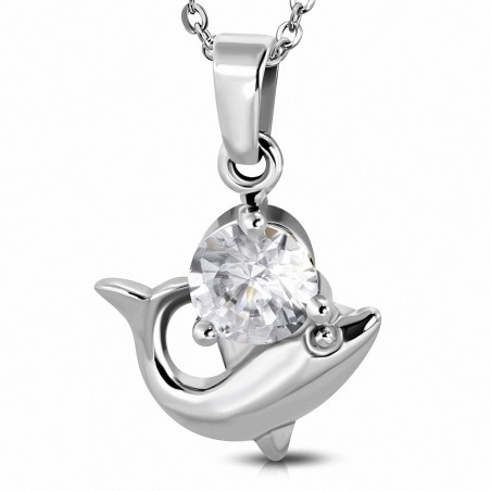 Pendentif dauphin en acier inoxydable et pierre en zirconium