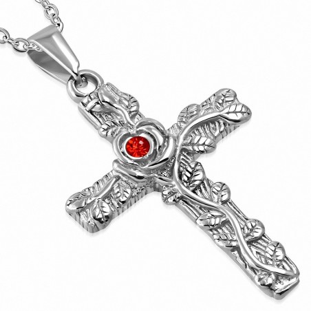 Pendentif homme biker croix avec fleur de vigne et gemme rouge