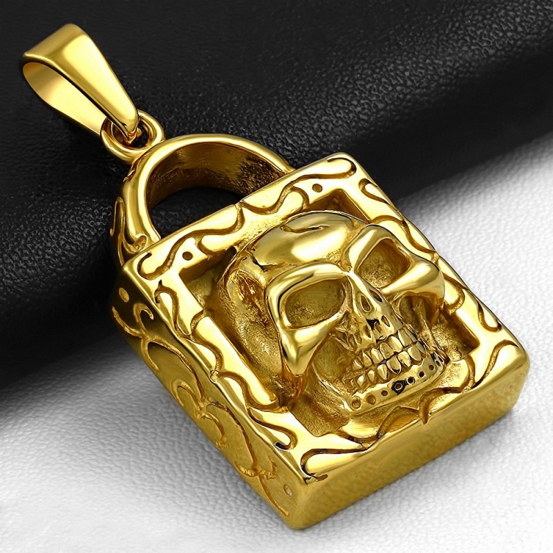 Pendentif homme biker cadenas doré et skull