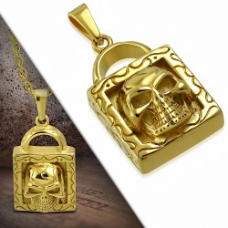 Pendentif homme biker cadenas doré et skull