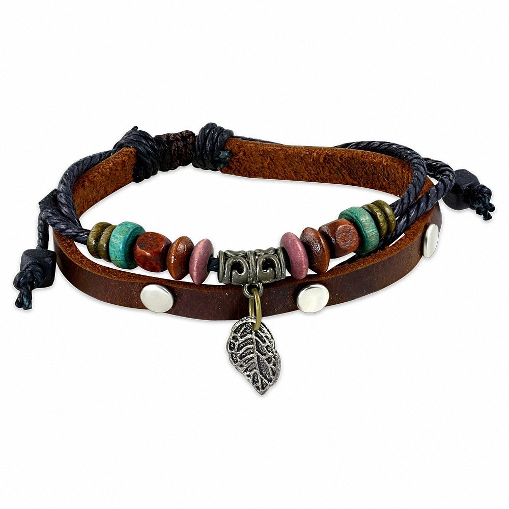 Bracelet en cuir marron marron perles de Karma avec feuille