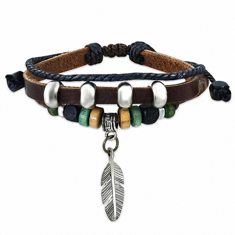 Bracelet en cuir marron marron perles de Karma avec plume