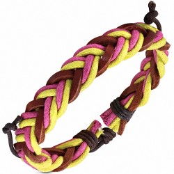 Bracelet en cuir marron avec cordes tressées rose et jaune