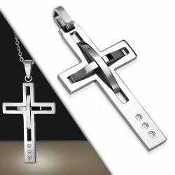 Pendentif croix argentée et noir géométrique avec strass