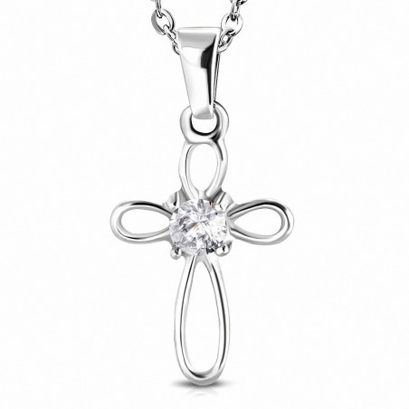 Pendentif en acier inoxydable croix florale serti d'un strass