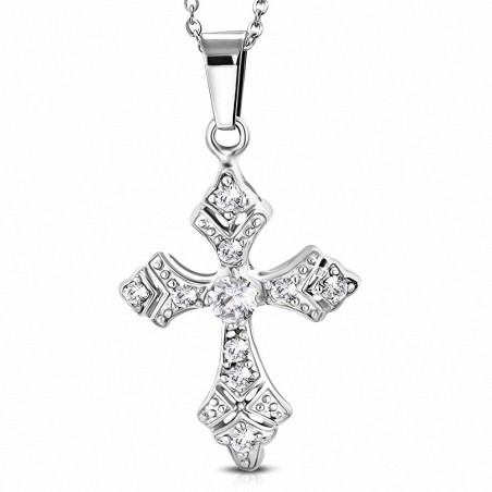 Pendentif croix vintage fleur de lys en acier inoxydable