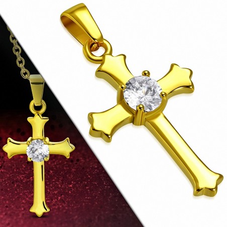 Pendentif croix en acier inoxydable doré gemme fleur de lys