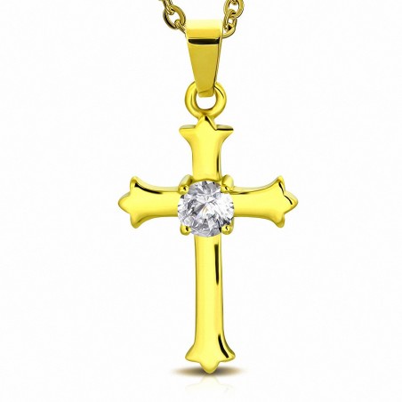 Pendentif croix en acier inoxydable doré gemme fleur de lys