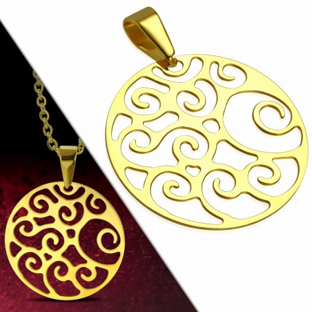 Pendentif cercle en acier doré avec motif filigrane