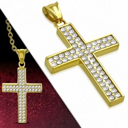 Pendentif croix latine en acier doré serti de pierres zirconium