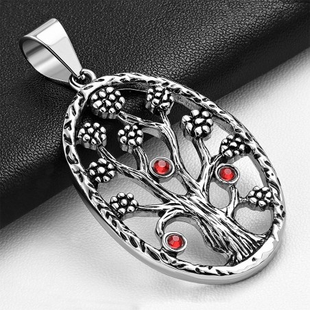 Pendentif ovale biker en acier inoxydable fleur de vigne strass rouges