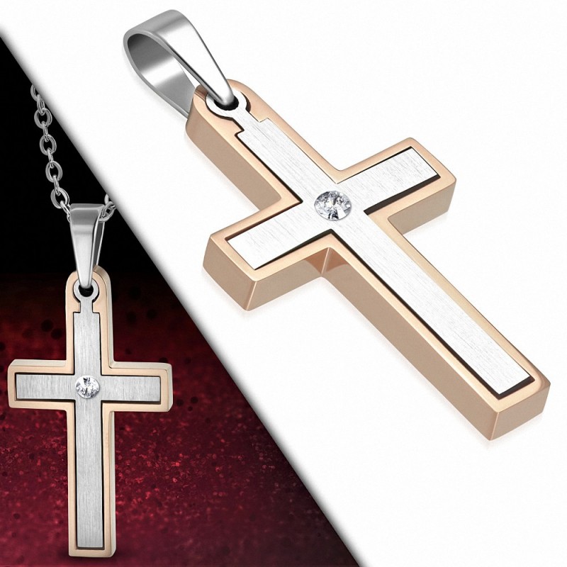 Pendentif croix latine en acier inoxydable contour or rosé avec strass