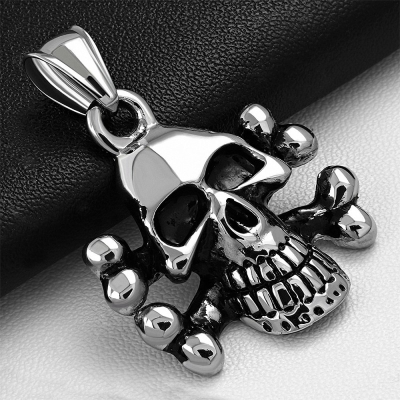 Pendentif homme biker en acier avec skull et os croisés