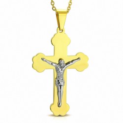 Pendentif croix religieuse avec crucifix en acier inoxydable doré