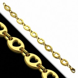 Bracelet en acier inoxydable doré avec liens ovales avec cœurs 21 cm