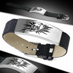 Bracelet homme en cuir noir avec plaque crâne fantôme