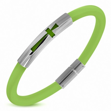 Bracelet en caoutchouc vert avec plaque acier croix