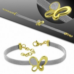 Bracelet en acier inoxydable aspect maille avec un papillon doré