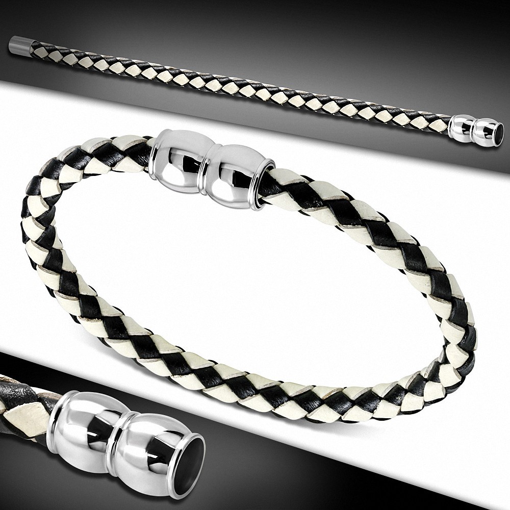 Bracelet en cuir tressé noir et beige 22 cm x 6 mm fermeture magnétique