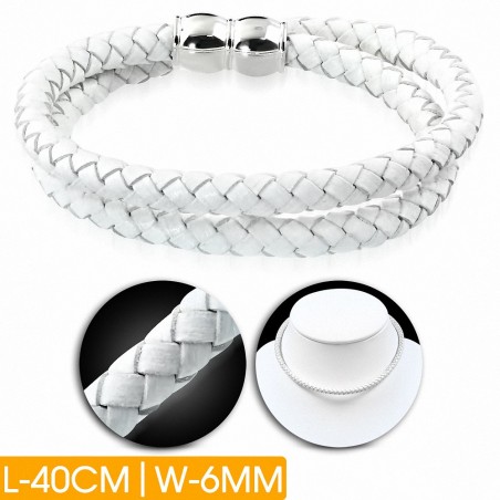 Bracelet en cuir blanc tressé double brin 40 cm x 6 mm