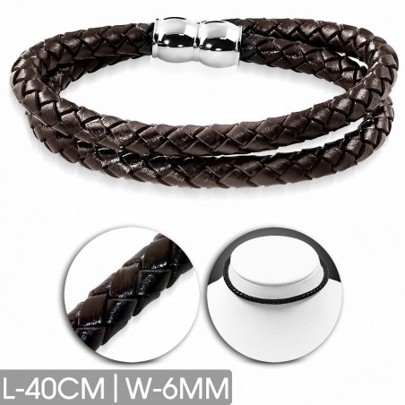 Bracelet en cuir marron tressé double brin 40 cm x 6 mm