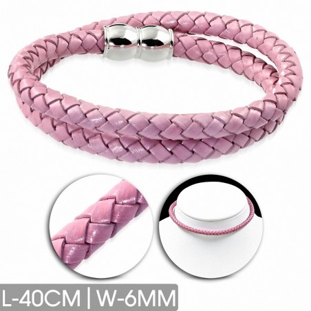 Bracelet en cuir rose tressé double brin 40 cm x 6 mm