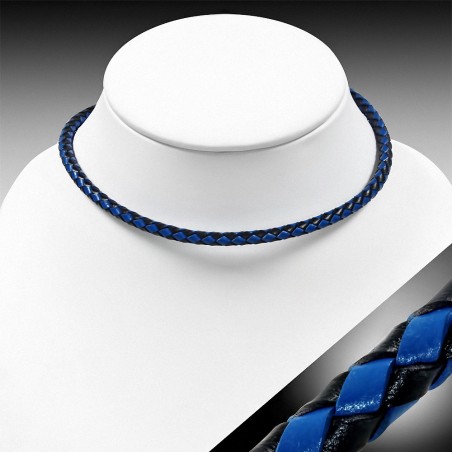 Bracelet en cuir bleu et noir tressé double brin 40 cm x 6 mm