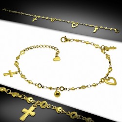 Bracelet de cheville en acier doré avec charms cœur croix