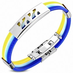 Bracelet en caoutchouc jaune et bleu plaque acier labyrinthe