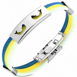 Bracelet en caoutchouc bleu et jaune plaque acier dauphins