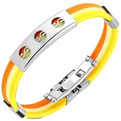 Bracelet en caoutchouc jaune et orange plaque acier trois cercles