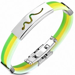 Bracelet en caoutchouc vert et jaune plaque acier serpent