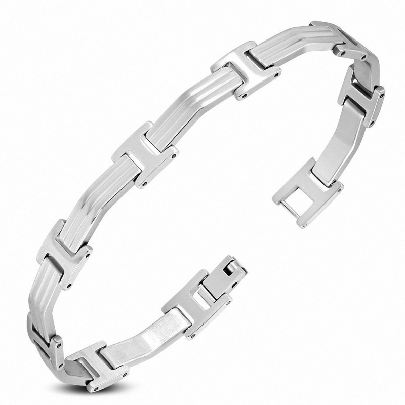 Bracelet homme en acier maillons rectangulaires rainure 21 cm x 9 mm